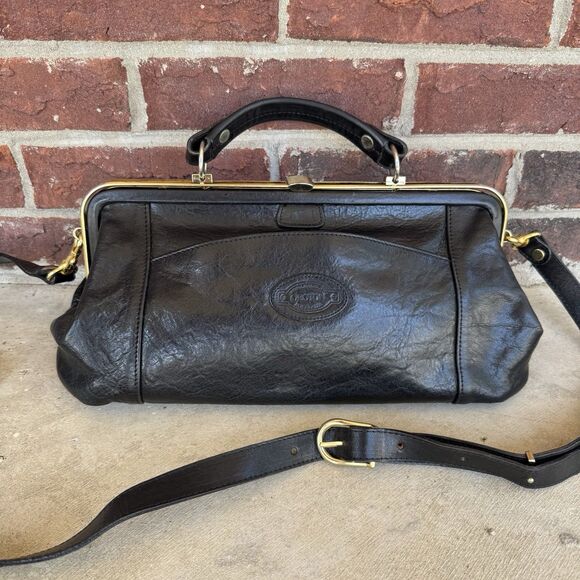 Vintage Oroton Purse Leather Black Doctor Bag Satchel Crossbody With Top Handle - Picture 1 of 12